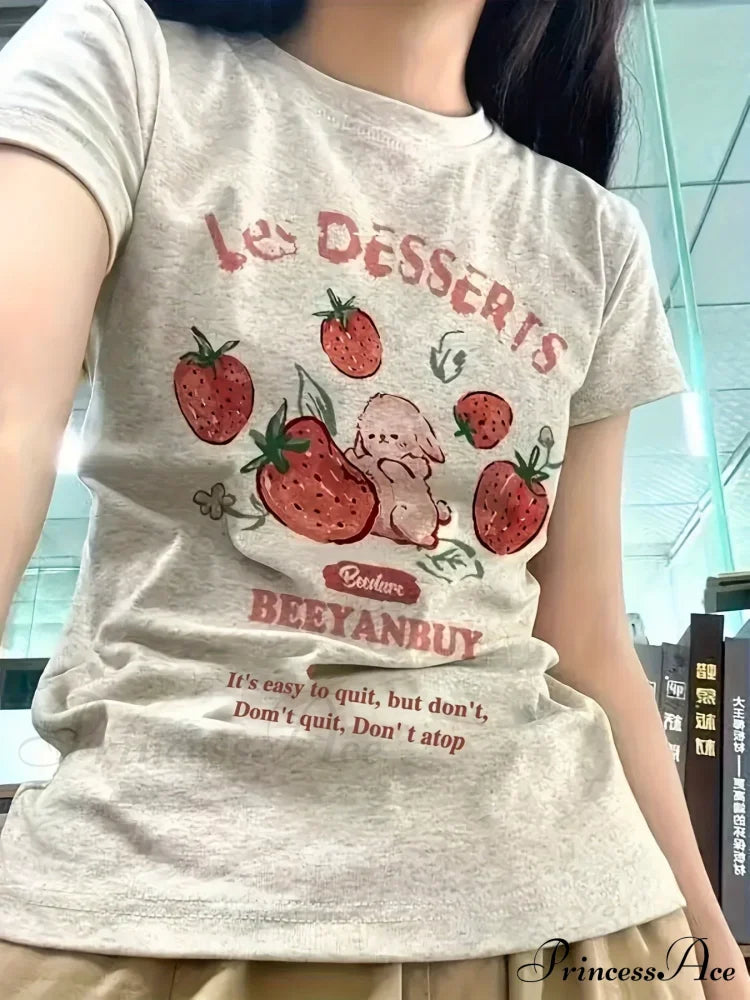 Les Dessert Strawberry & Graceful Letter Print Short Sleeve T-Shirt