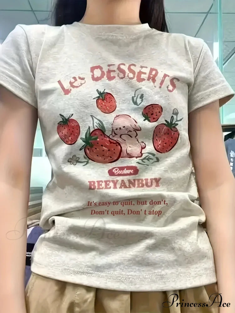 Les Dessert Strawberry & Graceful Letter Print Short Sleeve T-Shirt