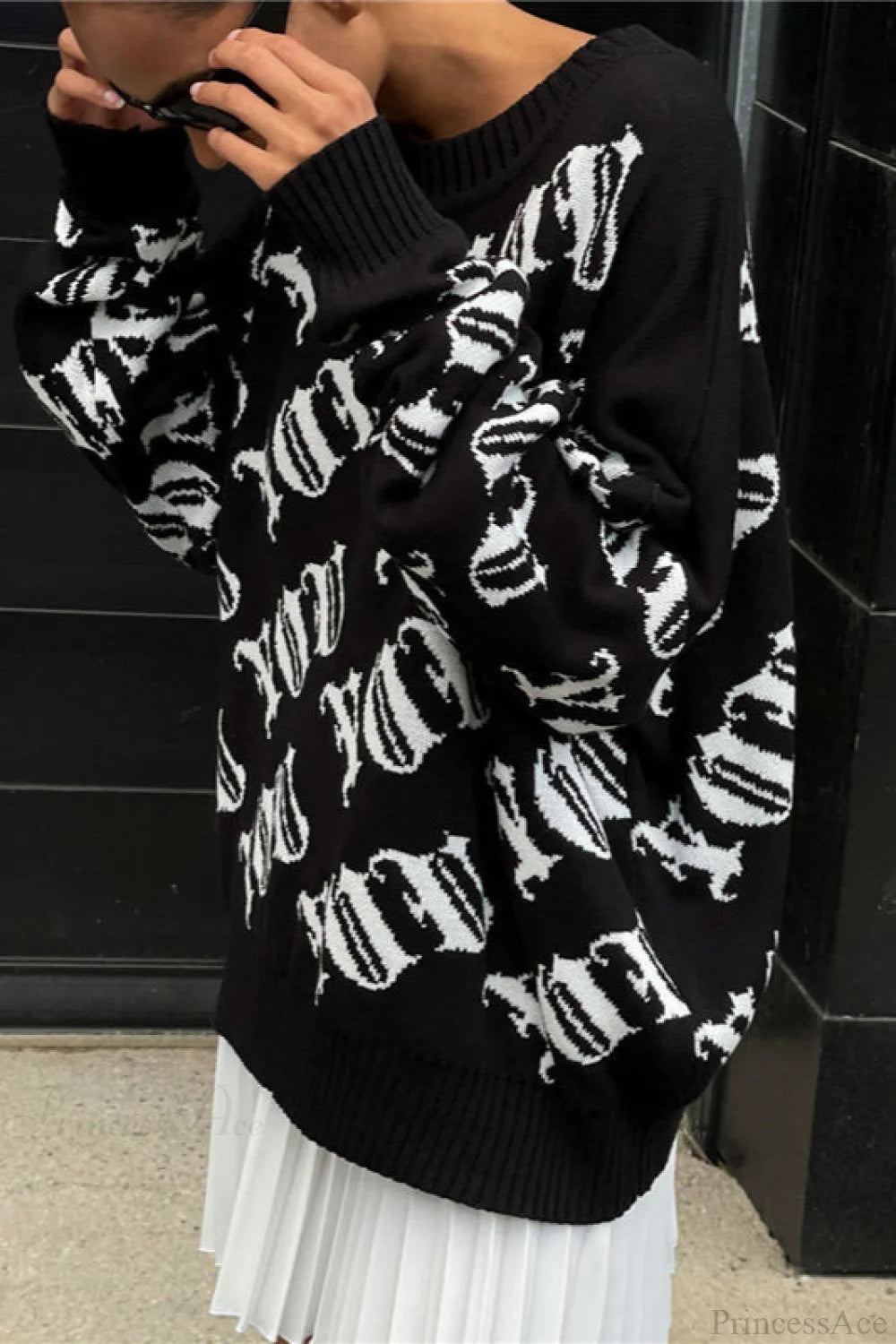 Letter Color Block Long Sleeve Knit Sweater