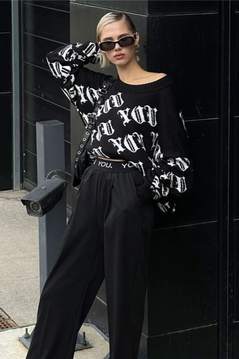 Letter Color Block Long Sleeve Knit Sweater