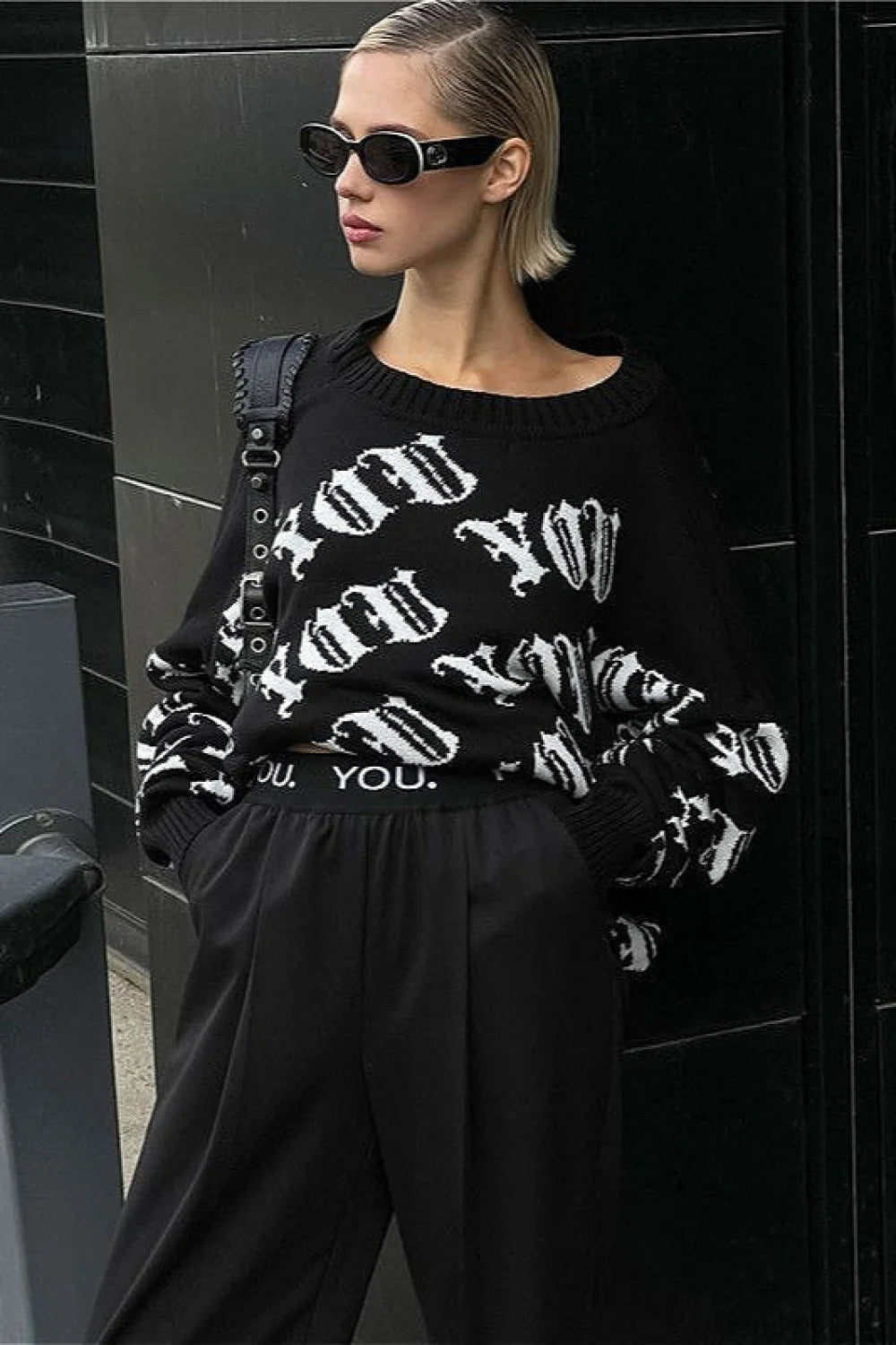 Letter Color Block Long Sleeve Knit Sweater Black / S