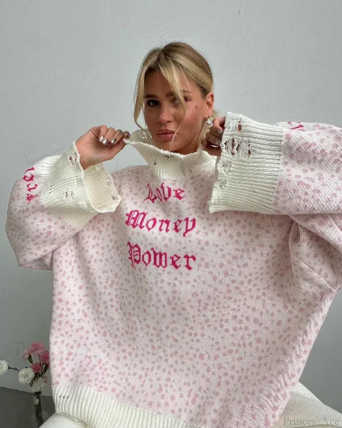 Letter Embroidery Lazy Style Sweater Leopard Print / One Size