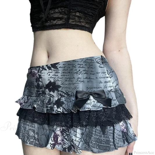 Letter Floral Print Ruffle Skirt black / S