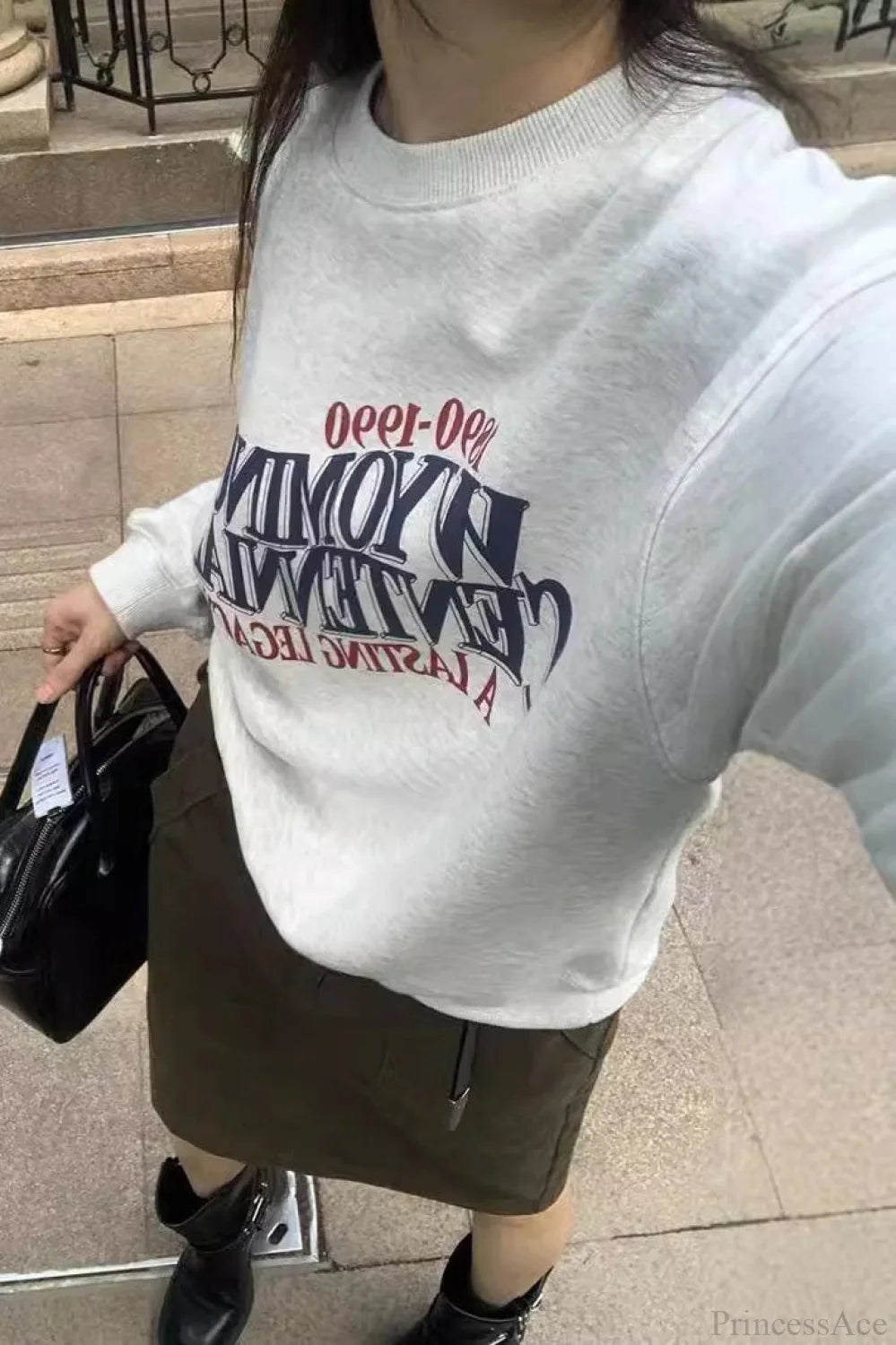 Letter Print Cropped Crew Neck Relaxed Sweatshirt Grey / One Size