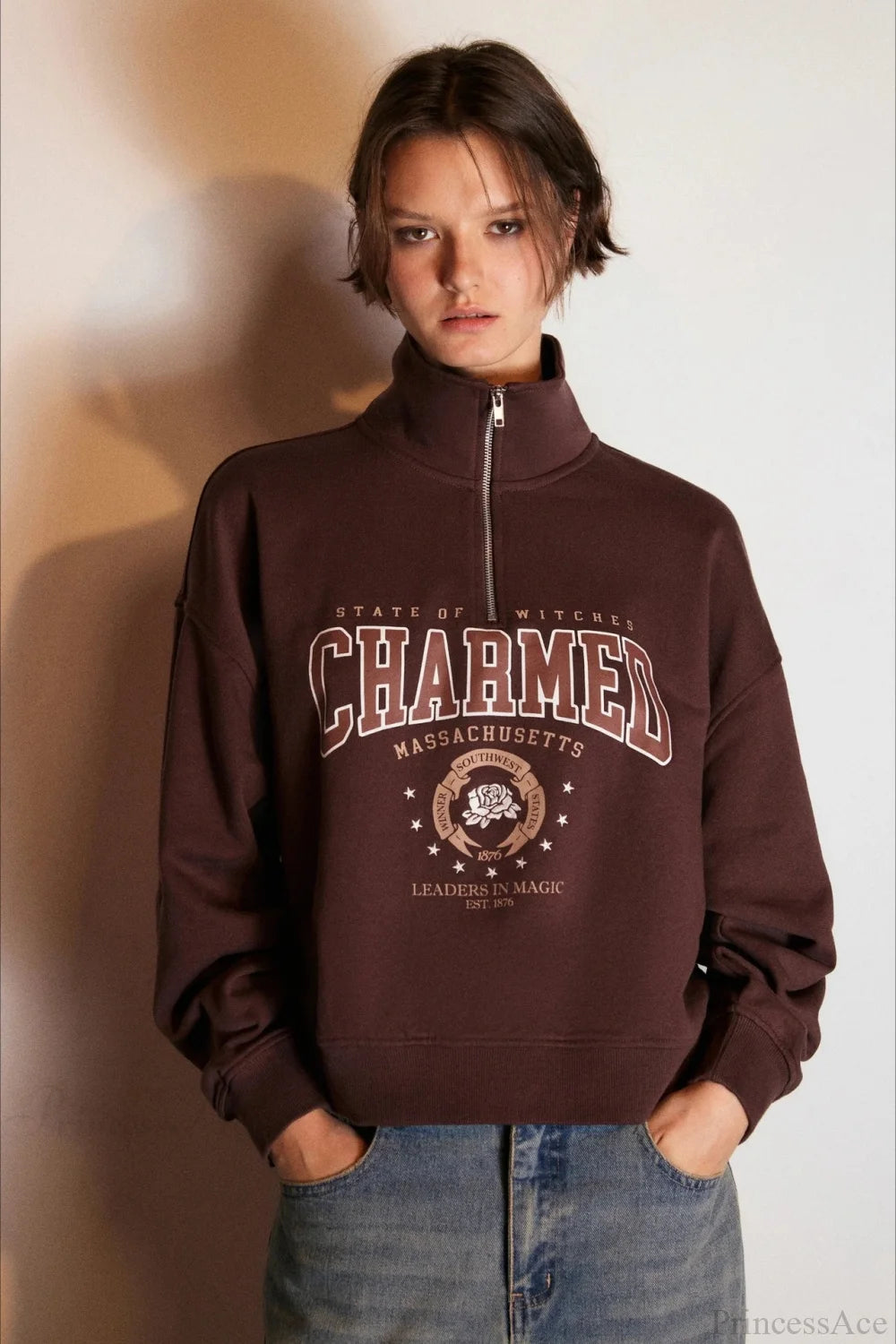 Letter Print Half Zip Stand Collar Loose Sweatshirts