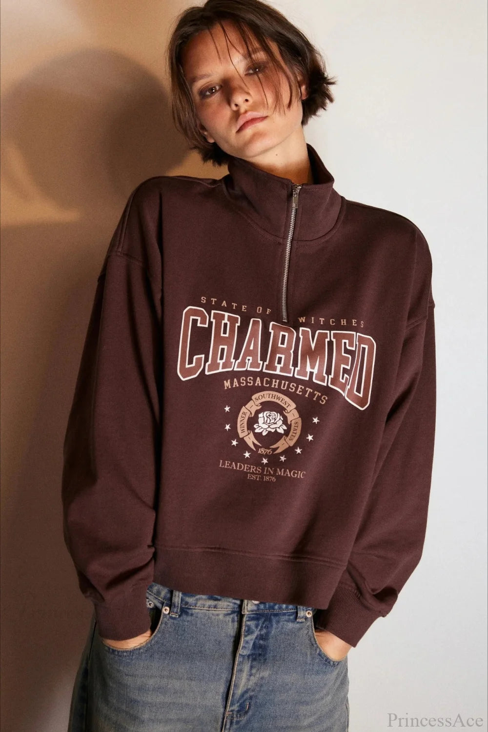 Letter Print Half Zip Stand Collar Loose Sweatshirts Brown / S