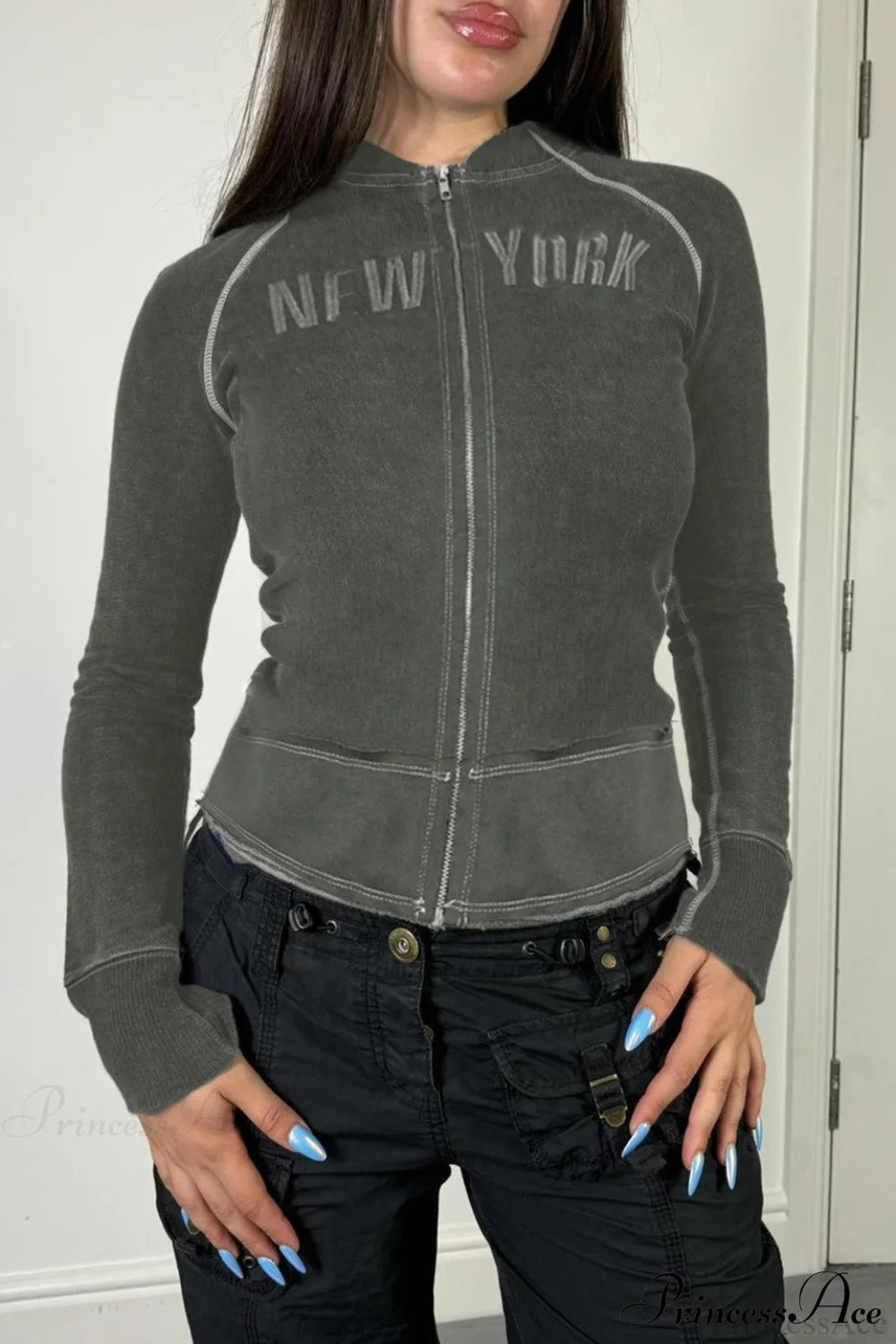 Letter Print Slim Paneled Stand Collar Hoodie Grey / S