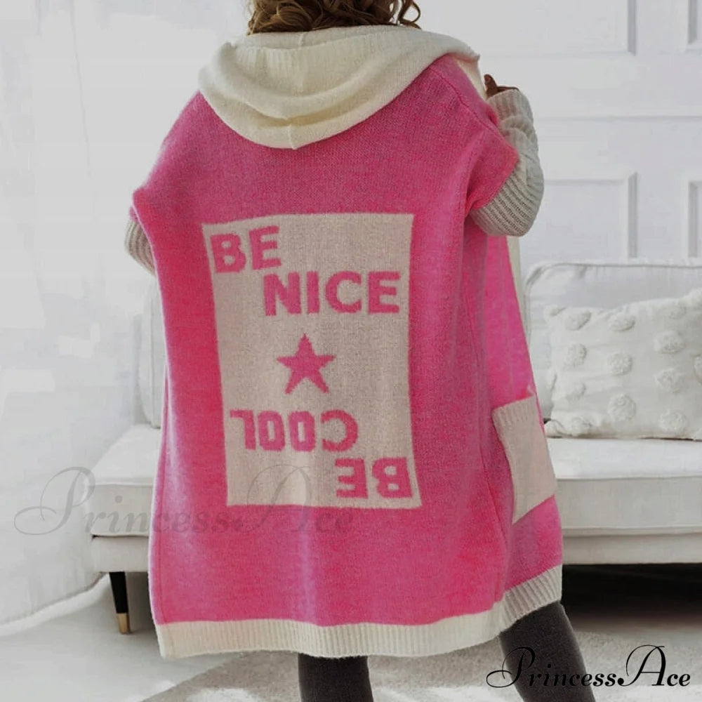 Letter Print Winter Warm Jacket Colorblock Hooded Cardigan 03 Pink / S