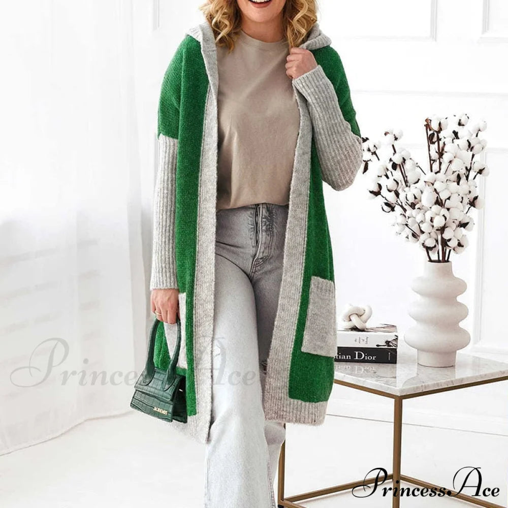 Letter Print Winter Warm Jacket Colorblock Hooded Cardigan 07 Green / S