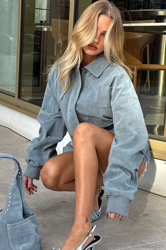 Light Blue Suede Collared Varsity Jacket