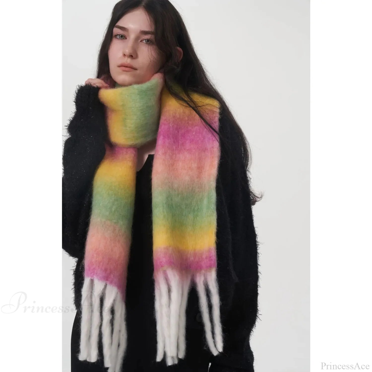 Light Luxury Gradient Color Wool Striped Fringed Mohair Scarf Purple / L221Cm W24Cm Scarfs-L