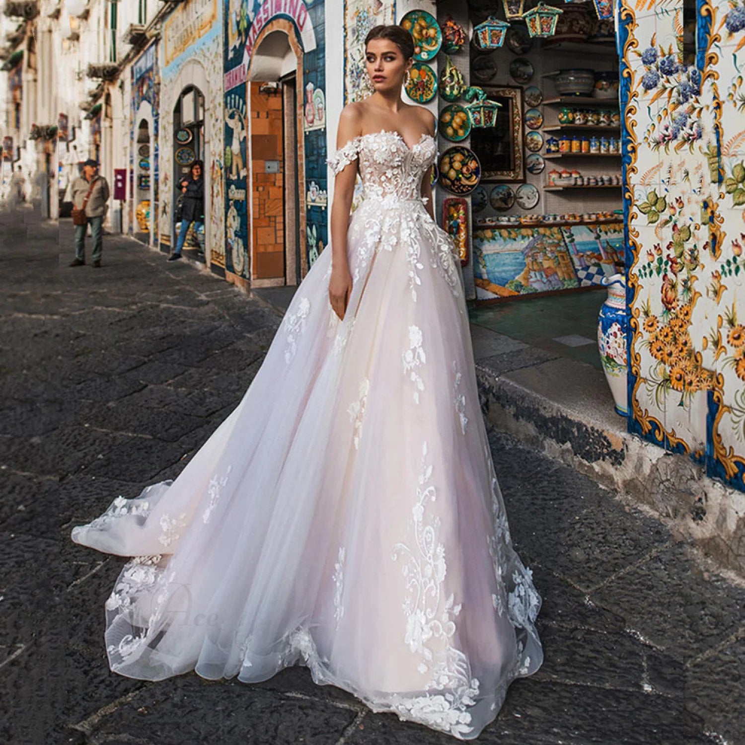 Lightweight Lace Long Train Wedding Dress white / 2 weddingdress-250223