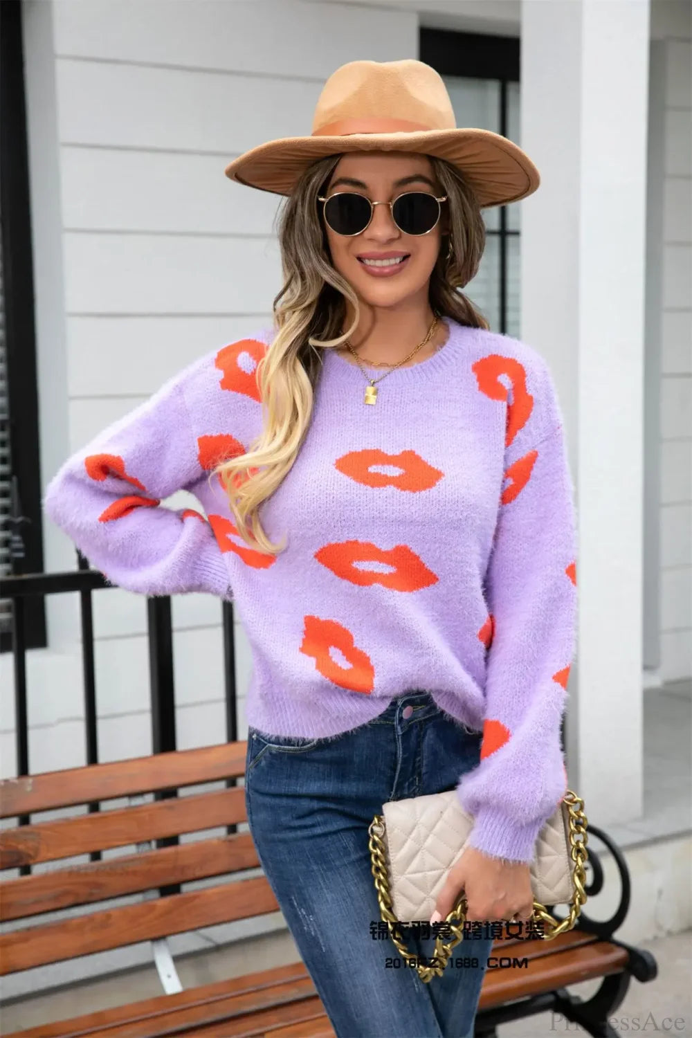 Lip Fur Crochet Work Sweater Purple / S