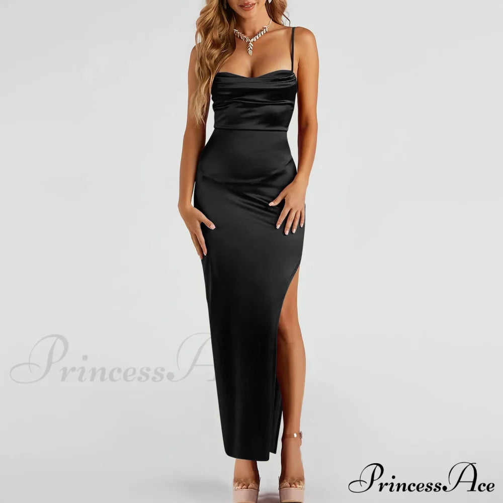 Lola High Slit Charming Satin Dress 2 Black / S S.o. Long Dresses