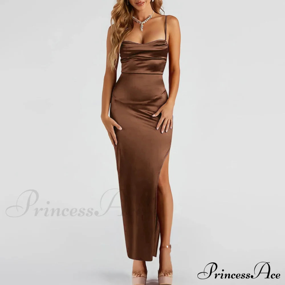 Lola High Slit Charming Satin Dress 2 Brown / S S.o. Long Dresses