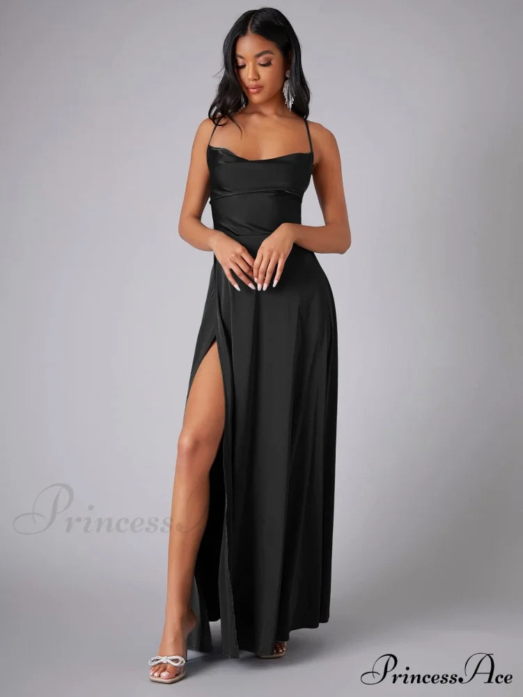 Lola High Stylish Slit Satin Dress Black / S S.o. Long Dresses