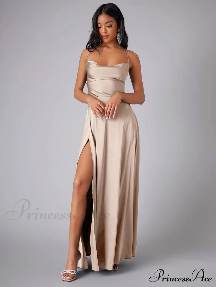 Lola High Stylish Slit Satin Dress Champagne / S S.o. Long Dresses