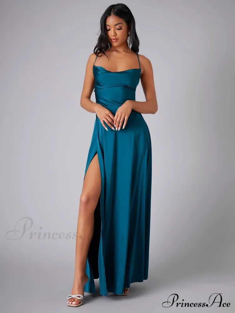 Lola High Stylish Slit Satin Dress Navy / S S.o. Long Dresses