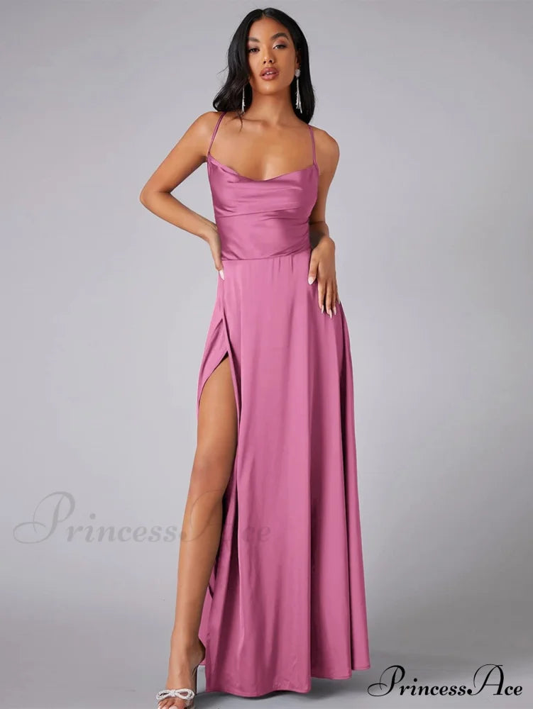 Lola High Stylish Slit Satin Dress Pink / S S.o. Long Dresses