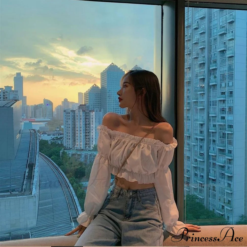 Long Arm Sexy Blouse Club Shoulder Crop Party White Off Top
