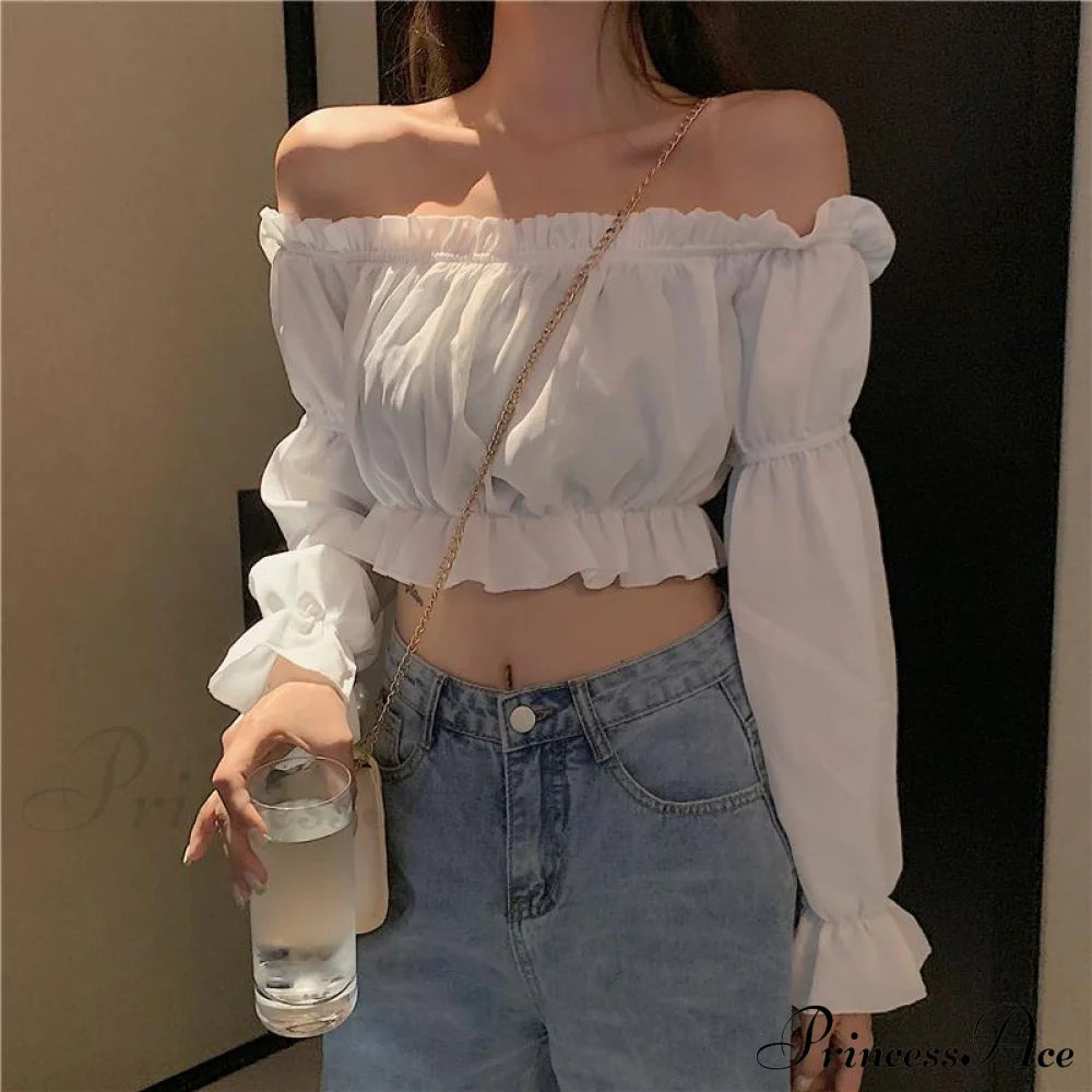 Long Arm Sexy Blouse Club Shoulder Crop Party White Off Top