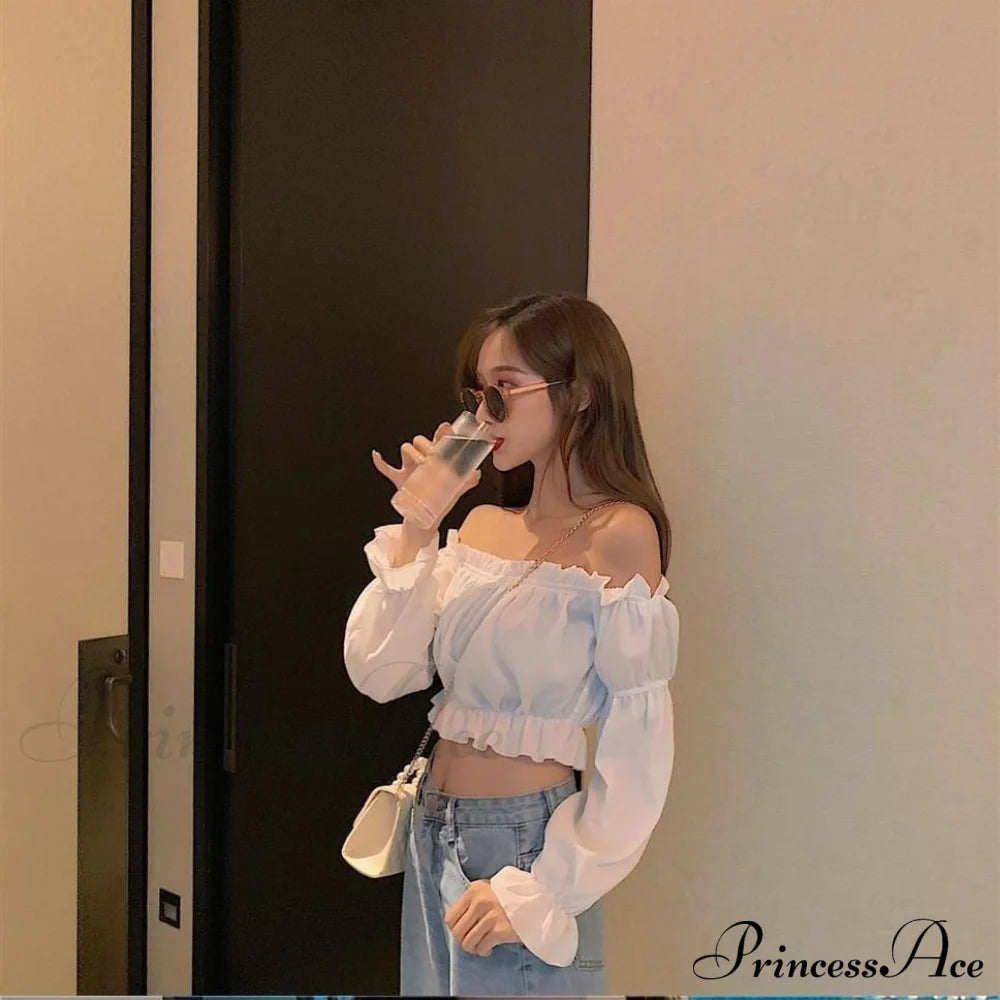 Long Arm Sexy Blouse Club Shoulder Crop Party White Off Top