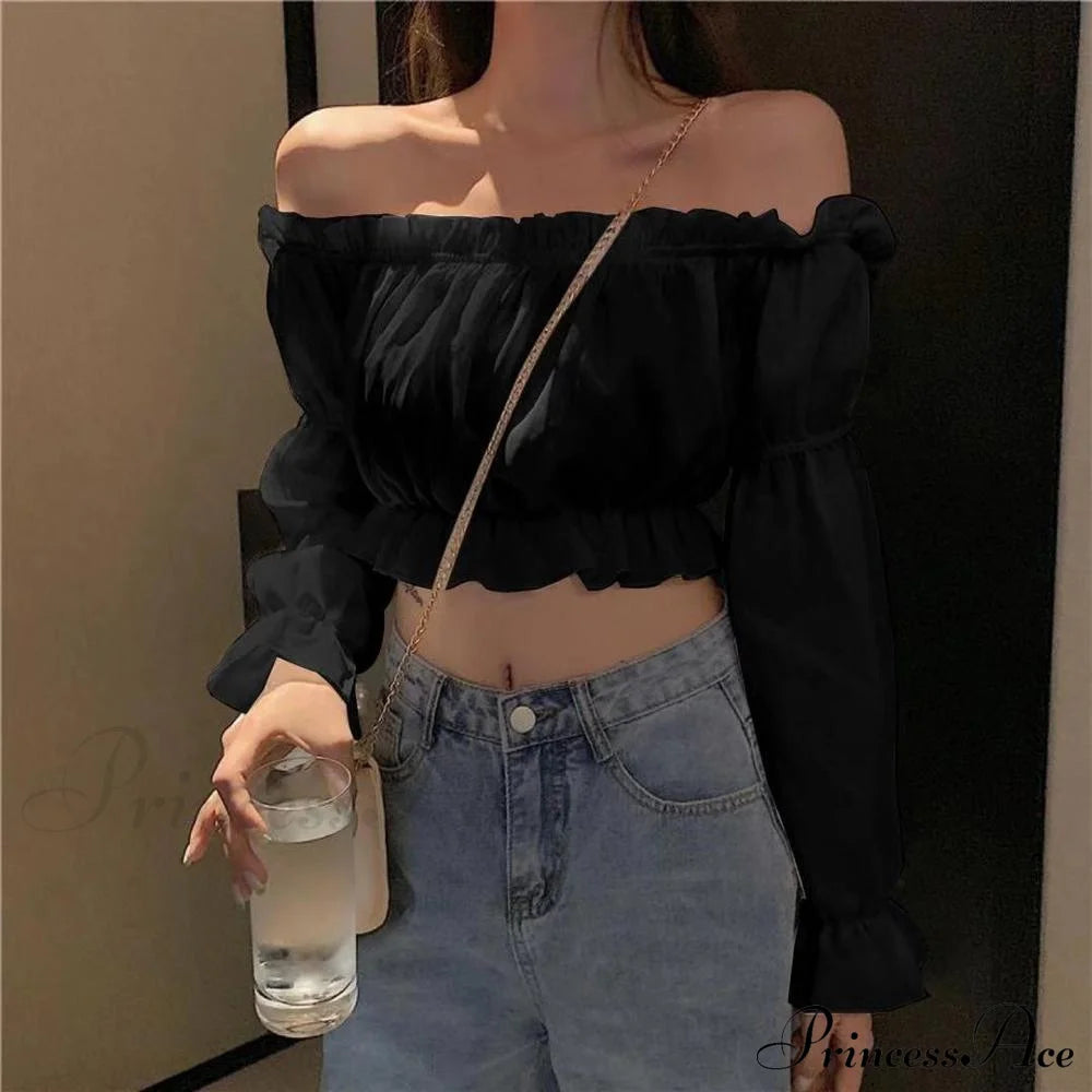 Long Arm Sexy Blouse Club Shoulder Crop Party White Off Top Black / S