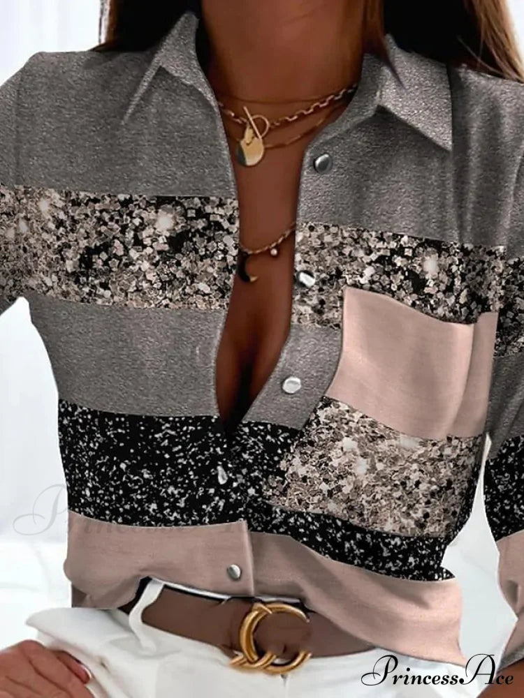 Long Design Block Button Blouse Basic Women’s Neckline Casual Color Arm