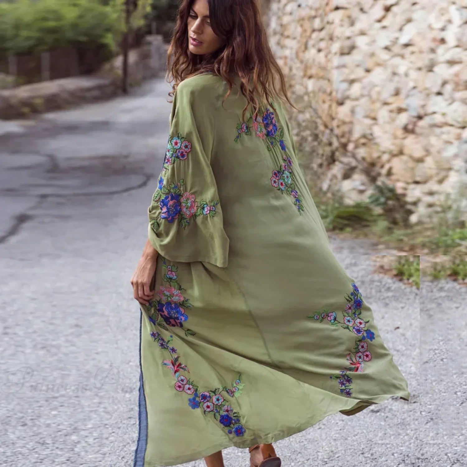Long Floral Embroidery Beach Cover-Up Boho Cardigan army green / One Size bohoblouse-250126
