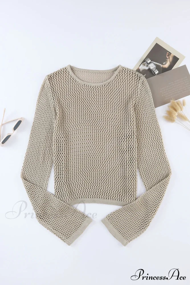 Long Khaki Arm Top Hollow-Out Knit With Detail Tops
