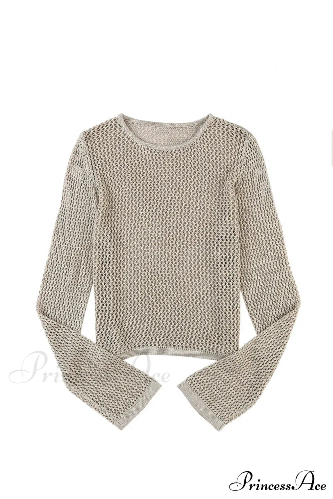 Long Khaki Arm Top Hollow-Out Knit With Detail Tops
