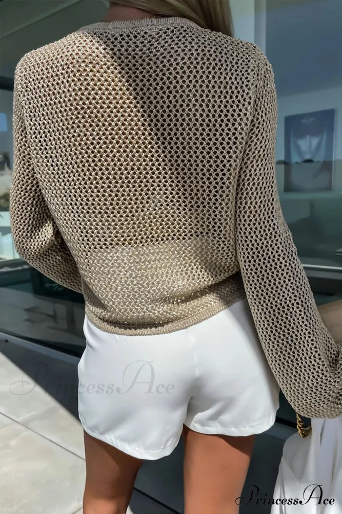 Long Khaki Arm Top Hollow-Out Knit With Detail Tops