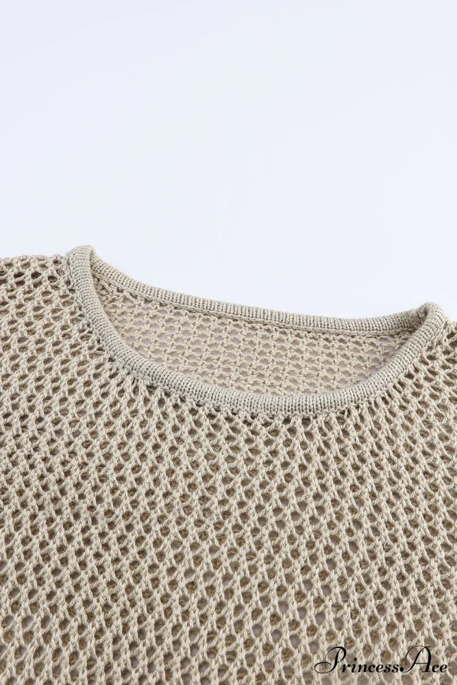 Long Khaki Arm Top Hollow-Out Knit With Detail Tops