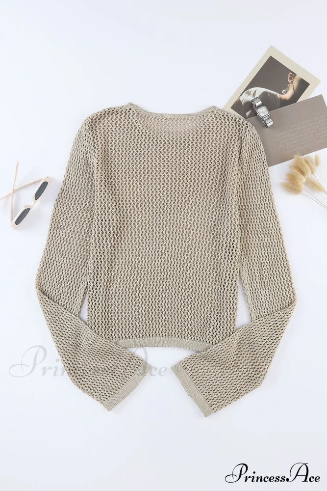 Long Khaki Arm Top Hollow-Out Knit With Detail Tops
