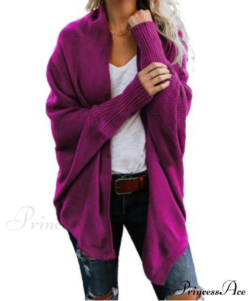 Long Knit Pocket Coat Female Casual Bat Sleeve Cardigan Fuchsia / S