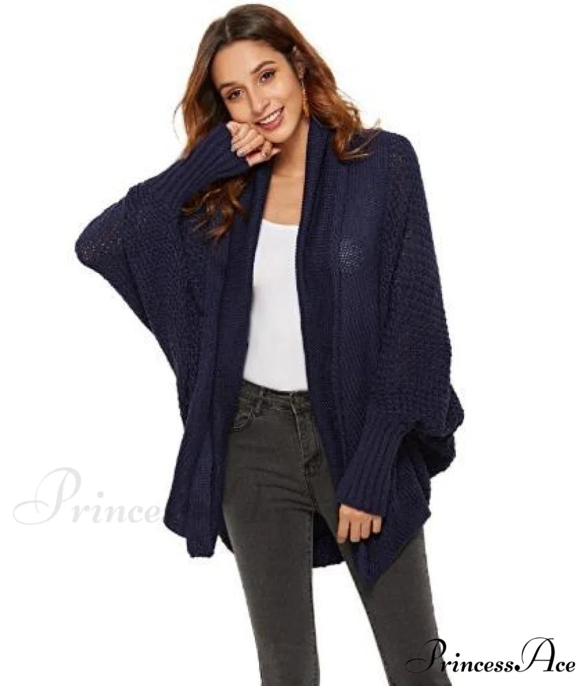 Long Knit Pocket Coat Female Casual Bat Sleeve Cardigan Navy Blue / S