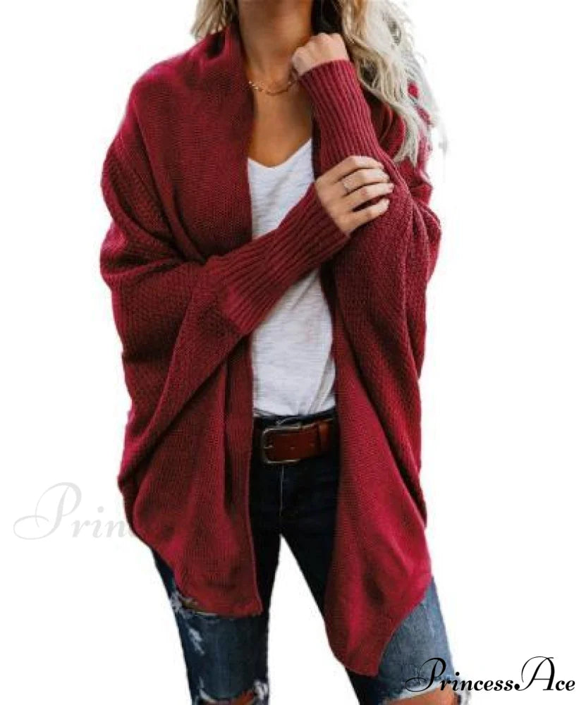 Long Knit Pocket Coat Female Casual Bat Sleeve Cardigan Red / S