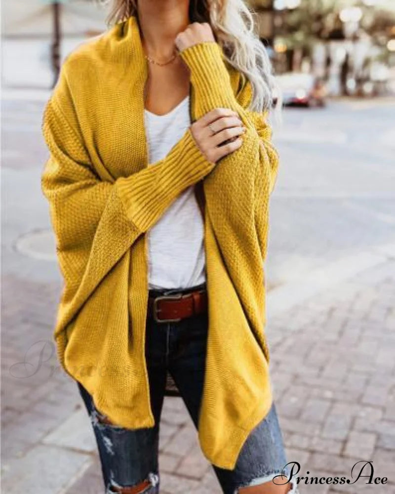 Long Knit Pocket Coat Female Casual Bat Sleeve Cardigan Yellow / S