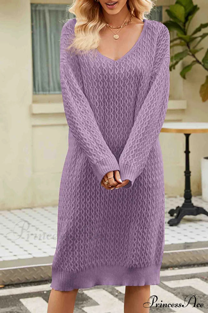 Long Knitted Sweater Dress In Solid Color Purple / M Midi Dresses