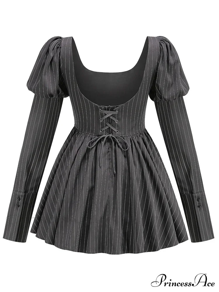 Long Puff Stripe Charming Sleeve Mini Dress Lace-Up