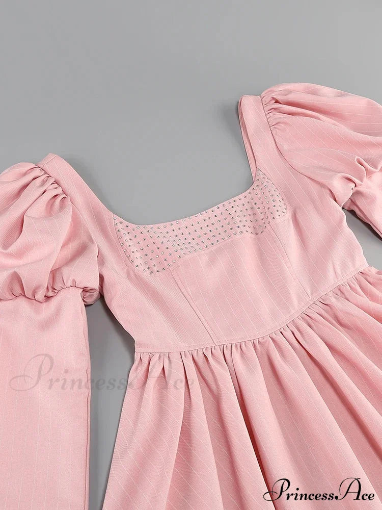 Long Puff Stripe Charming Sleeve Mini Dress Lace-Up