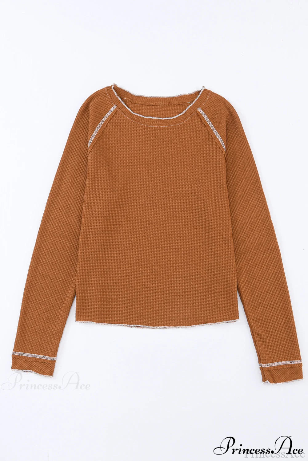 Long Round Arm Neck Brown Textured Top Tops