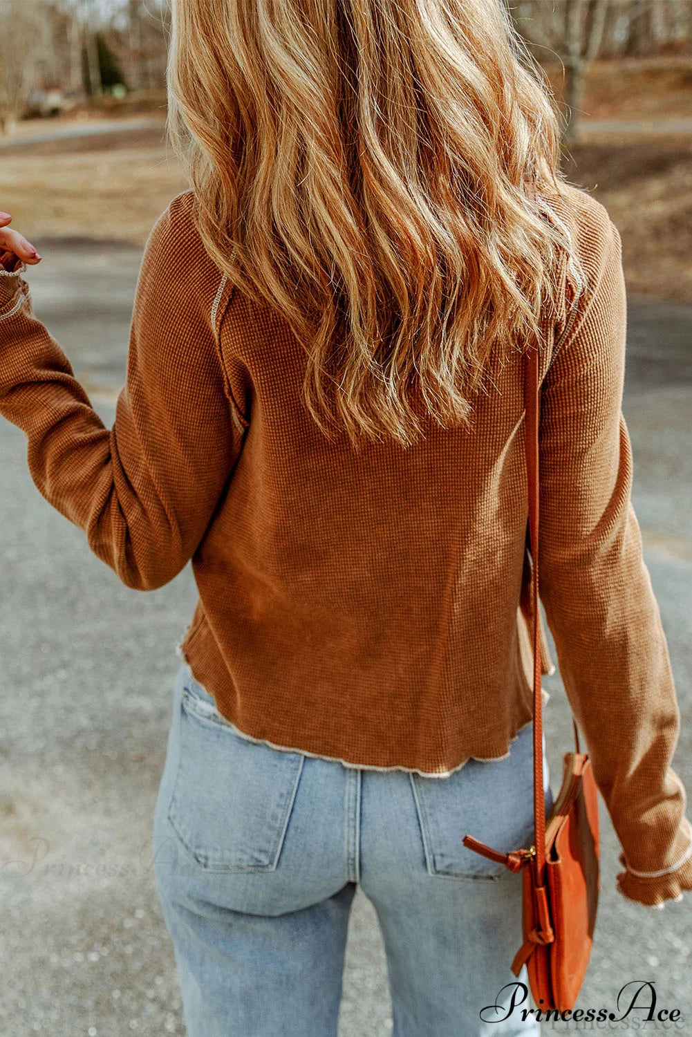Long Round Arm Neck Brown Textured Top Tops