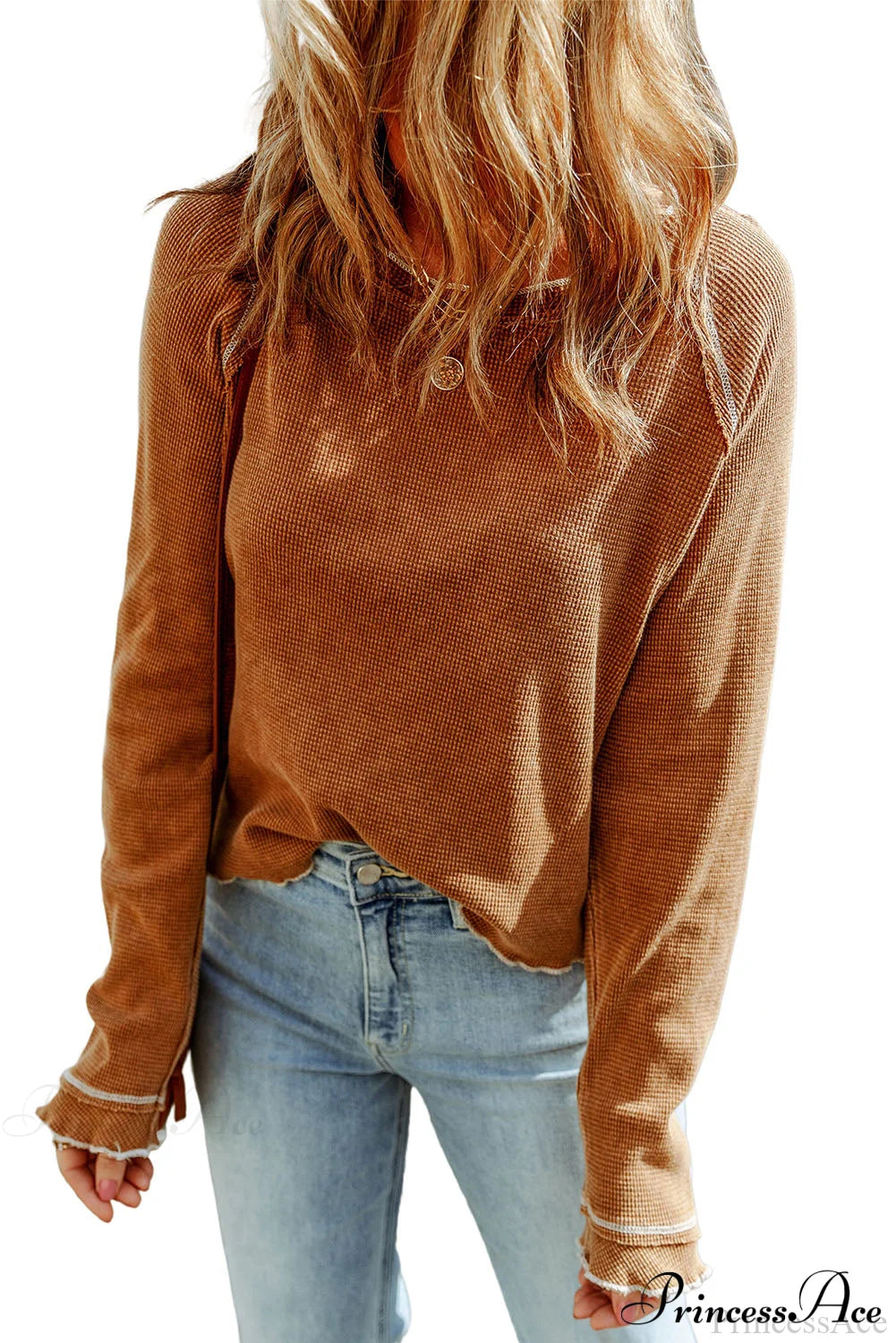 Long Round Arm Neck Brown Textured Top Tops