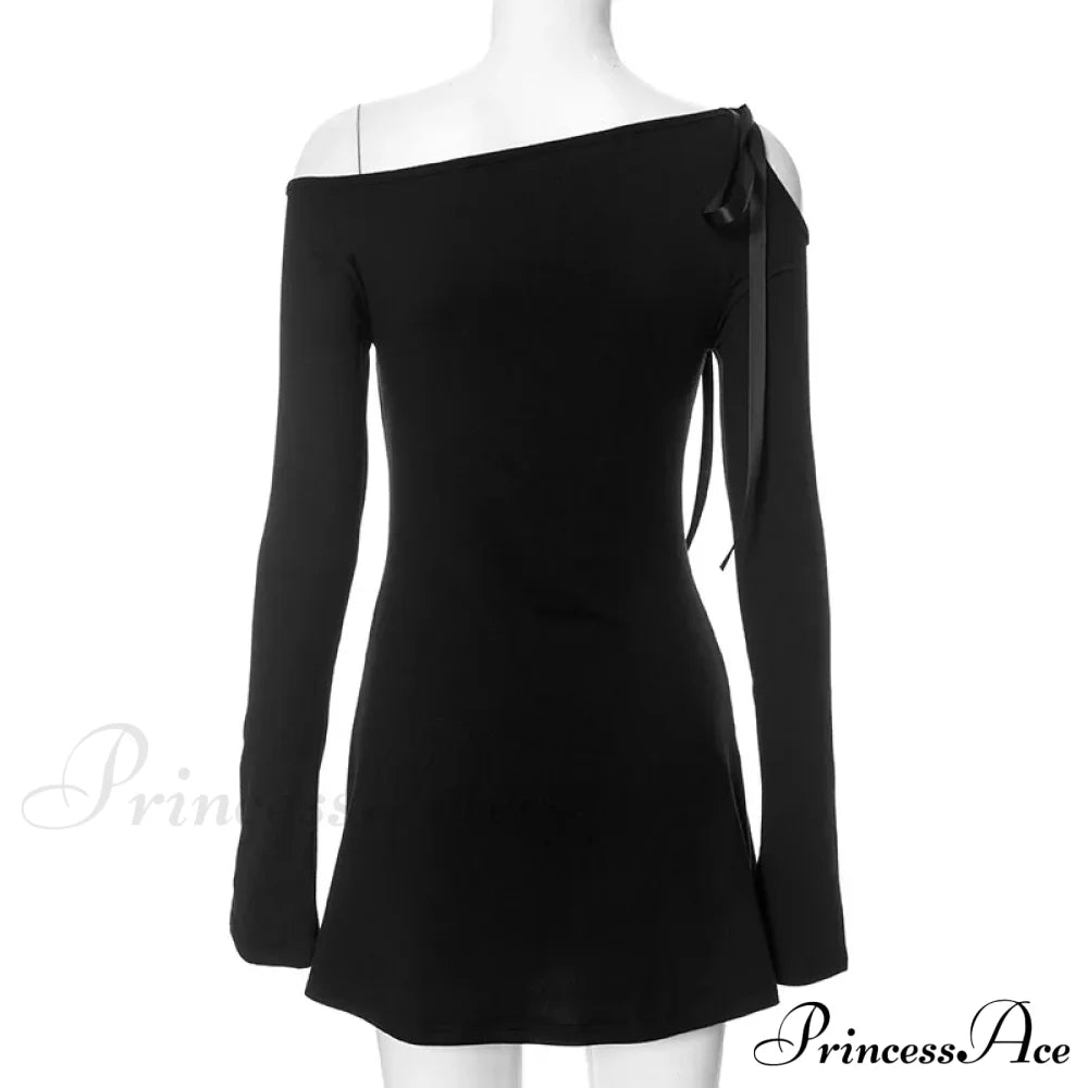 Long Shoulder Tie Up Graceful Hollow Out Mini Dress Solid
