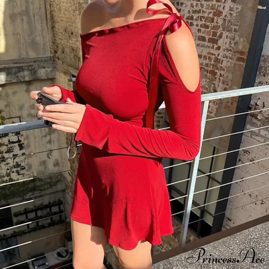 Long Shoulder Tie Up Graceful Hollow Out Mini Dress Solid