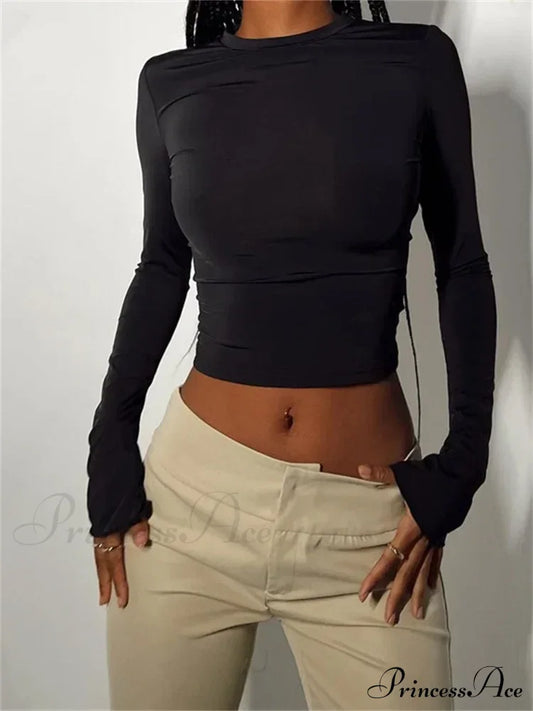 Long Sleeve Backless Casual Slim Fit Pullovers T-Shirts Black / S