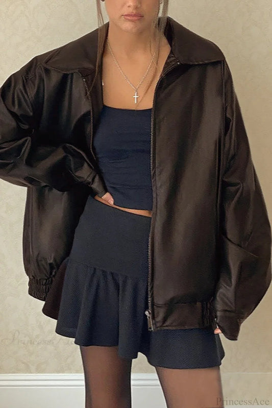 Long Sleeve Basic Loose Zipper Leather Coat