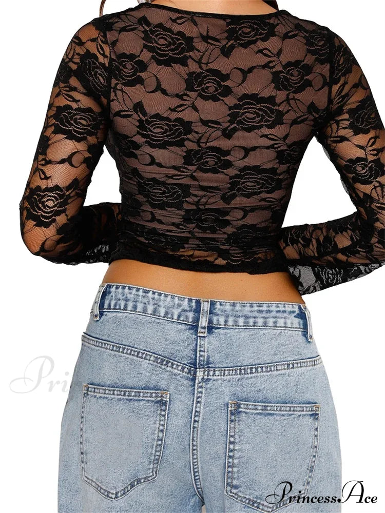 Long Sleeve Casual Lace Floral Mesh Sheer Pullover T-Shirts