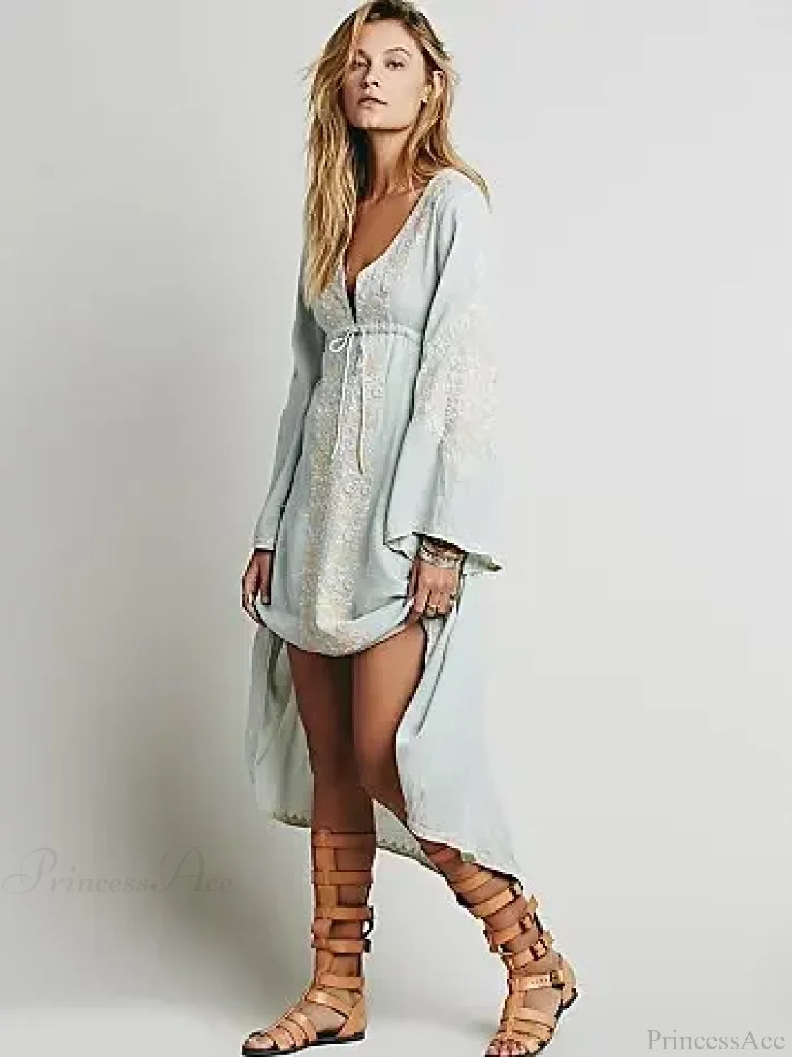 Long Sleeve Floral Embroidered Cotton Boho Dress Light blue / S bohocoverup-250126